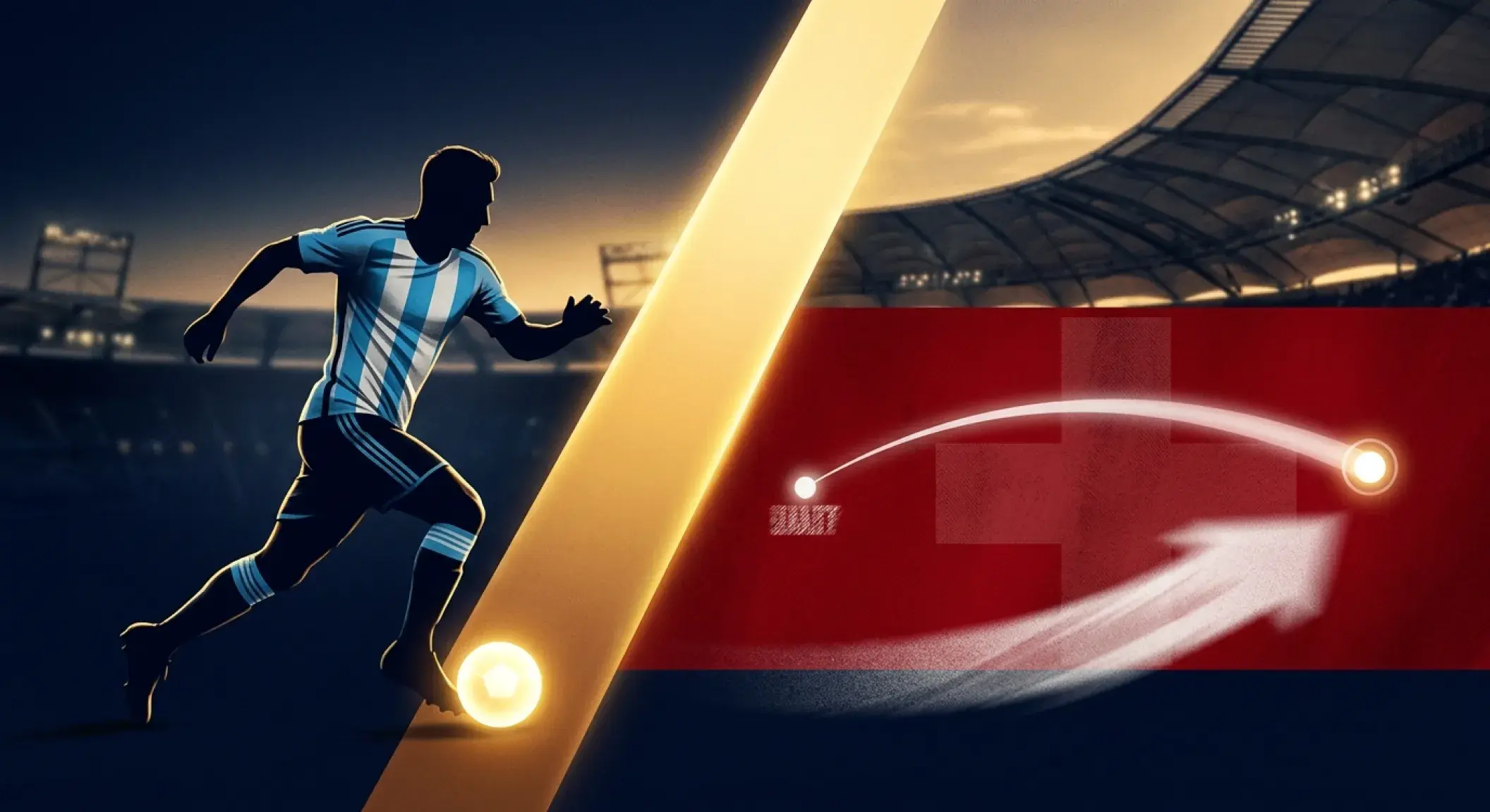 Redaktionell sportposter med stiliserad anfallarsilhuett i himmelblå-vita ränder till vänster (Argentina) med lysande fotboll vid fötterna; till höger schweiziskt vitt kors på röd bakgrund med tidsbåge och två lysande punkter (1954 och 2026)