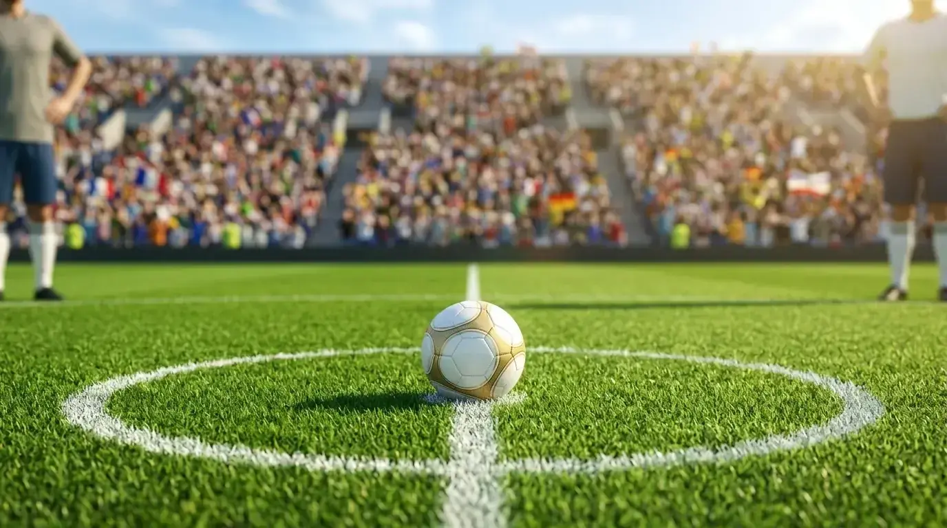 Fotboll på mittpunkten på en solbelyst VM-arena inför avspark i slutspelet