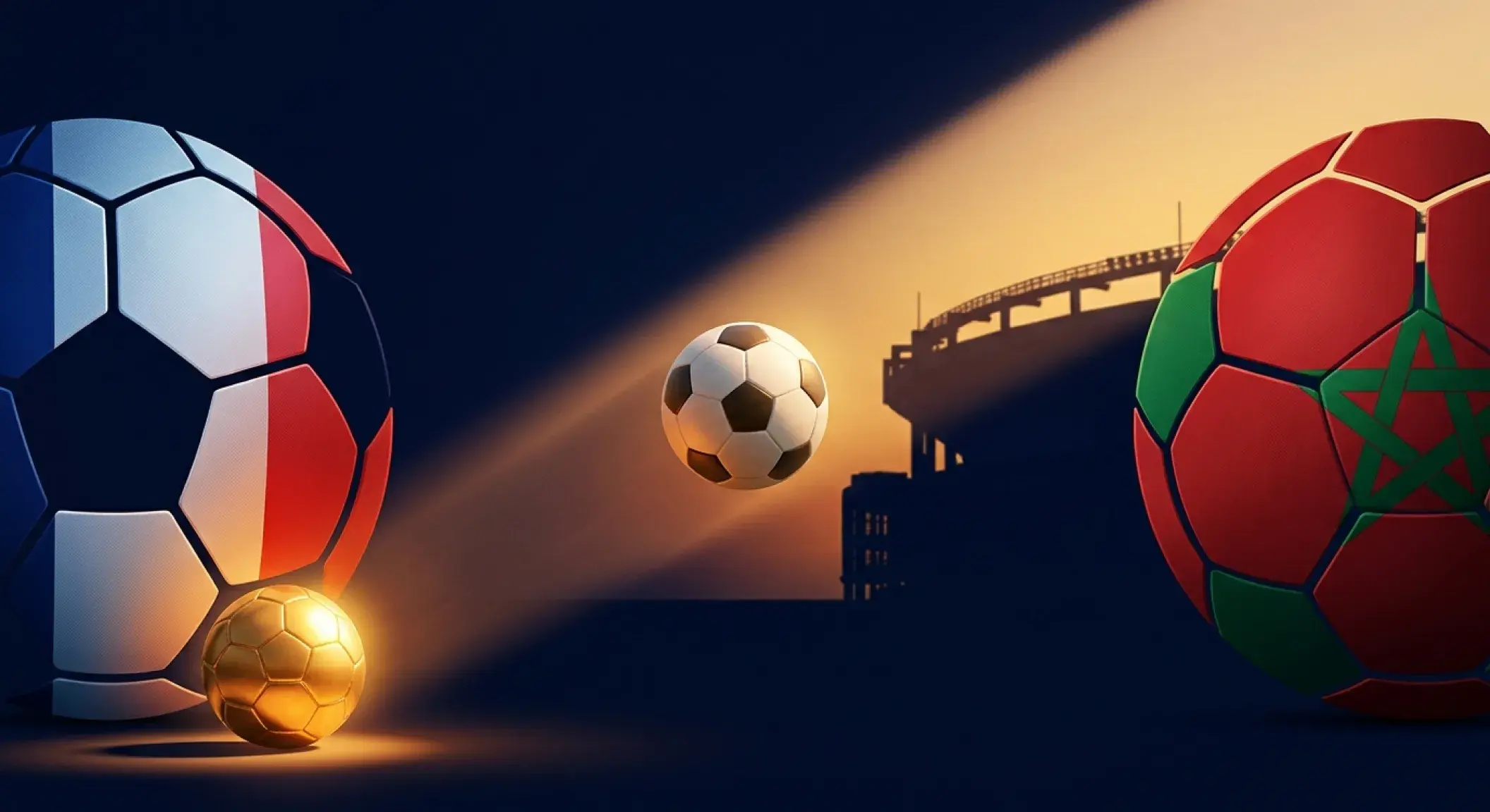 Redaktionell sportposter med två fotbollsspelarsilhuetter i franska blå-vit-röda och marockanska röd-gröna toner, med en fotboll mellan dem i solnedgångsljus