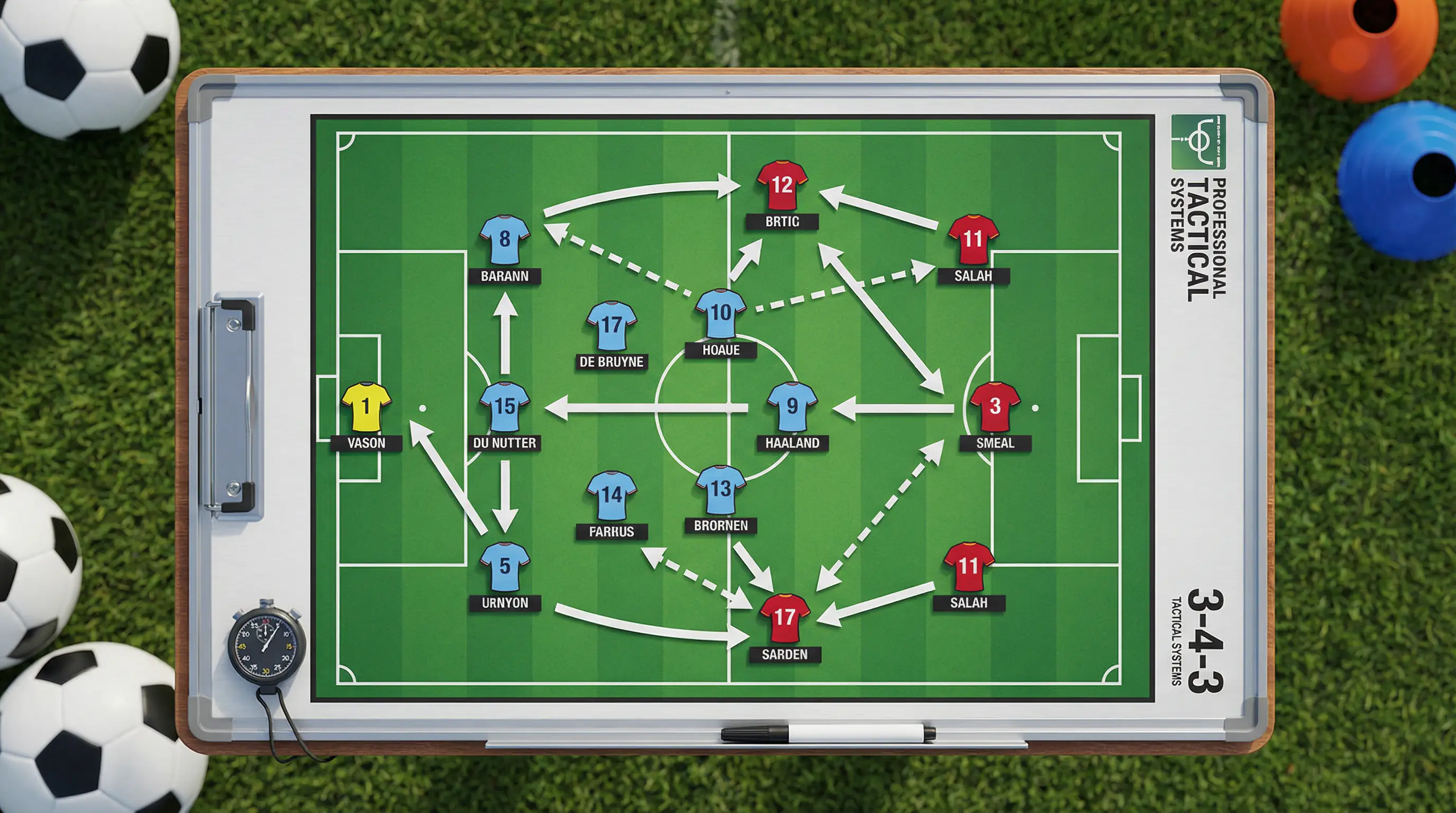 Fotbollstaktiktavla med spelpjäser och strategiska pilar på grön bakgrund