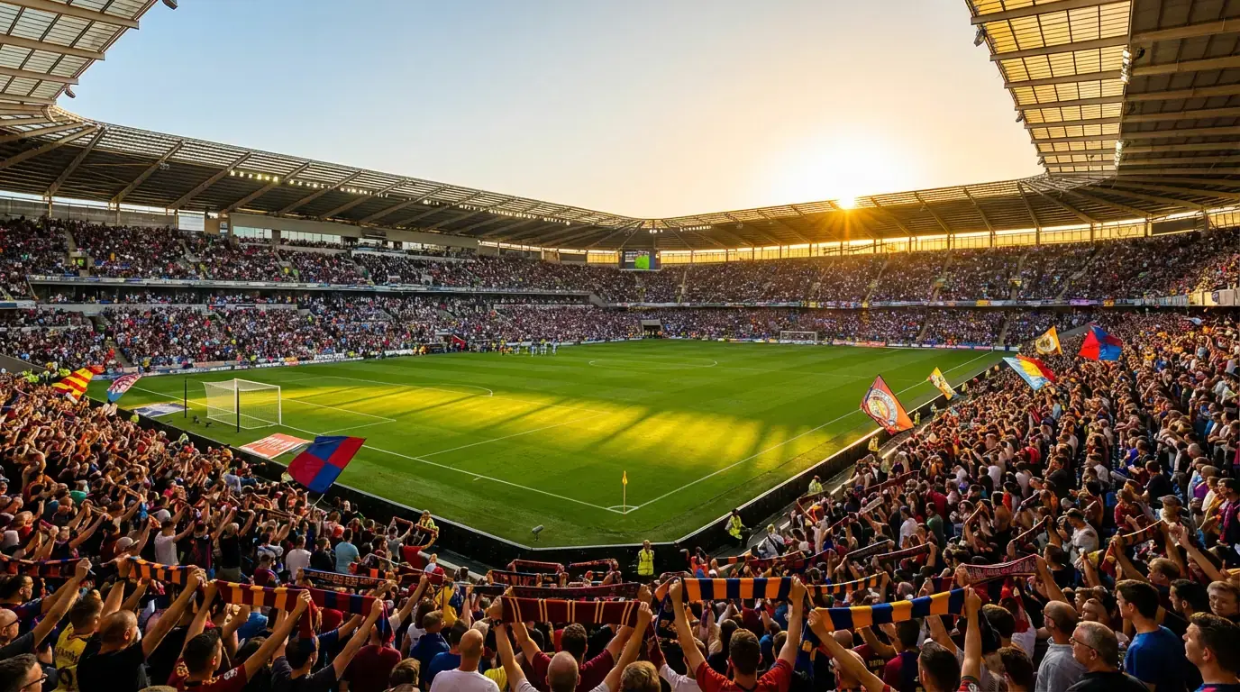 Fullsatt fotbollsarena redo för VM 2026 med spelplanen upplyst av kvällssolens sken