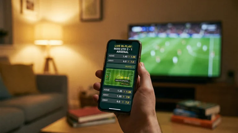 Livebetting på smartphone under en VM-match med realtidsodds