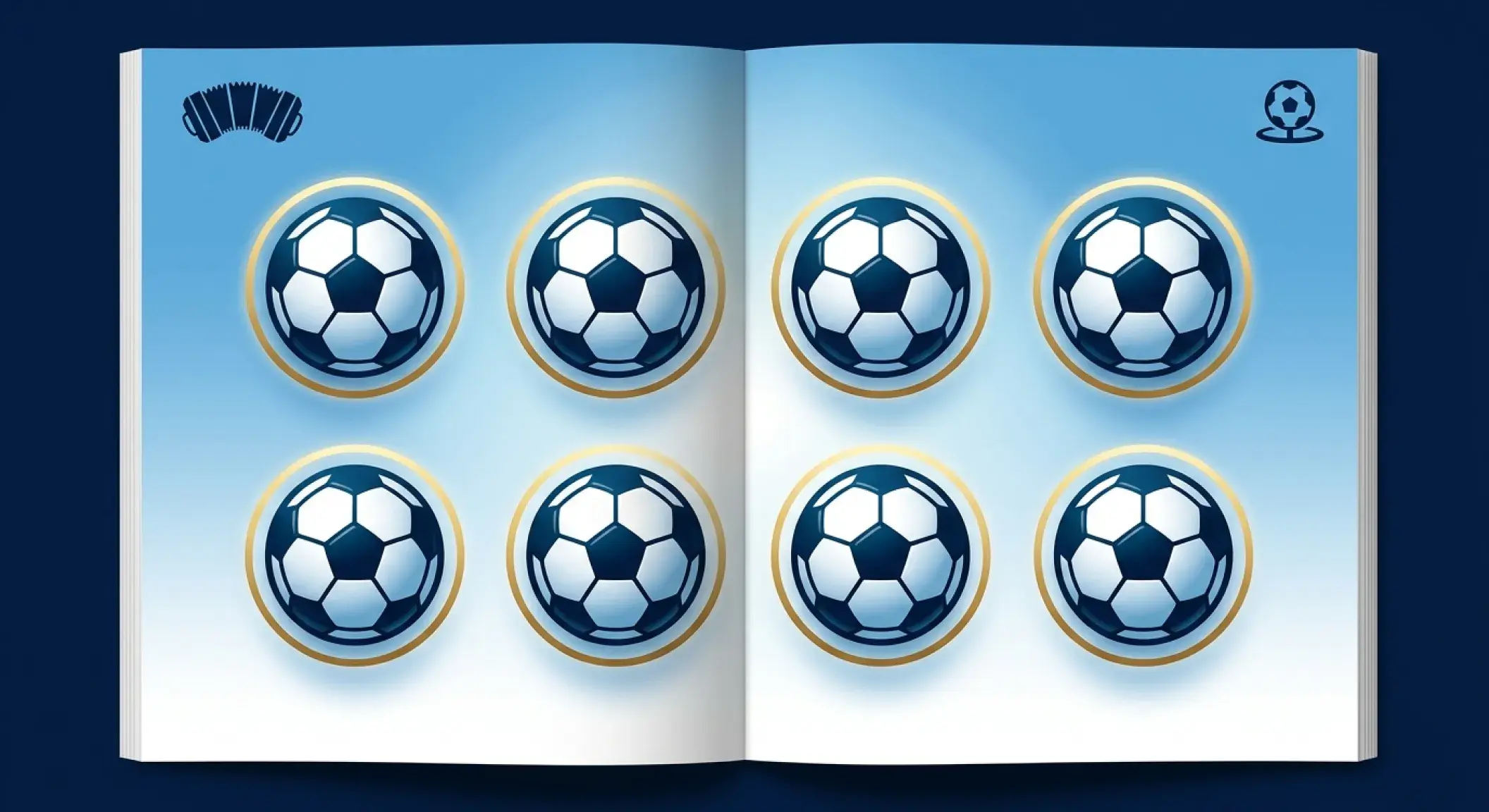 Redaktionell sportposter med åtta små stiliserade fotbollsikoner arrangerade i ett kompakt rutnät på himmelblå-vit bakgrund, varje ikon med en subtil gyllene ring som symboliserar mål