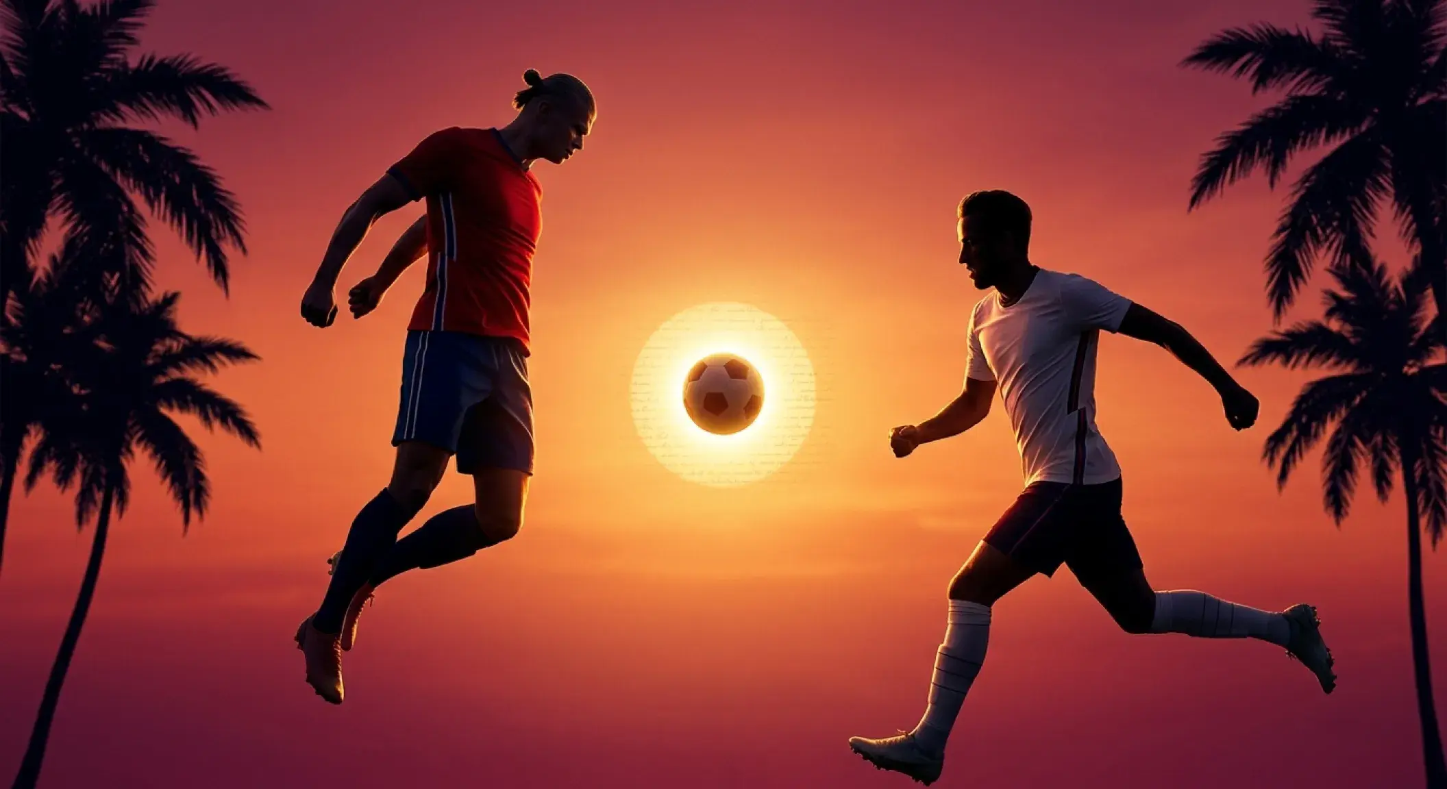 Redaktionell sportposter med solnedgång i Miami i varma orange-magenta toner, palmsilhuetter och två spelarssilhuetter: till vänster kraftig röd-blå anfallare i nickläge (Norge), till höger smal vit-röd anfallare på straffuppspringning (England)