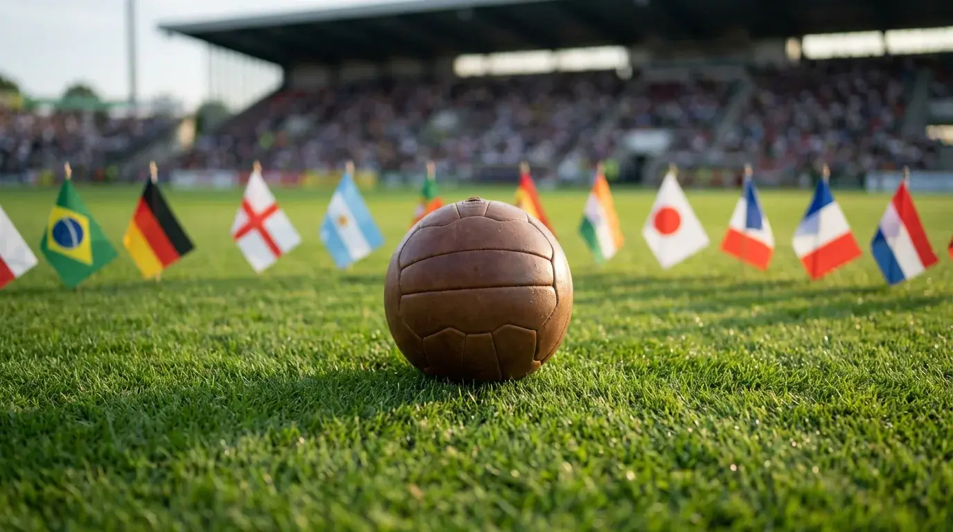 Fotboll omgiven av flaggor från VM-deltagande nationer på grön gräsmatta