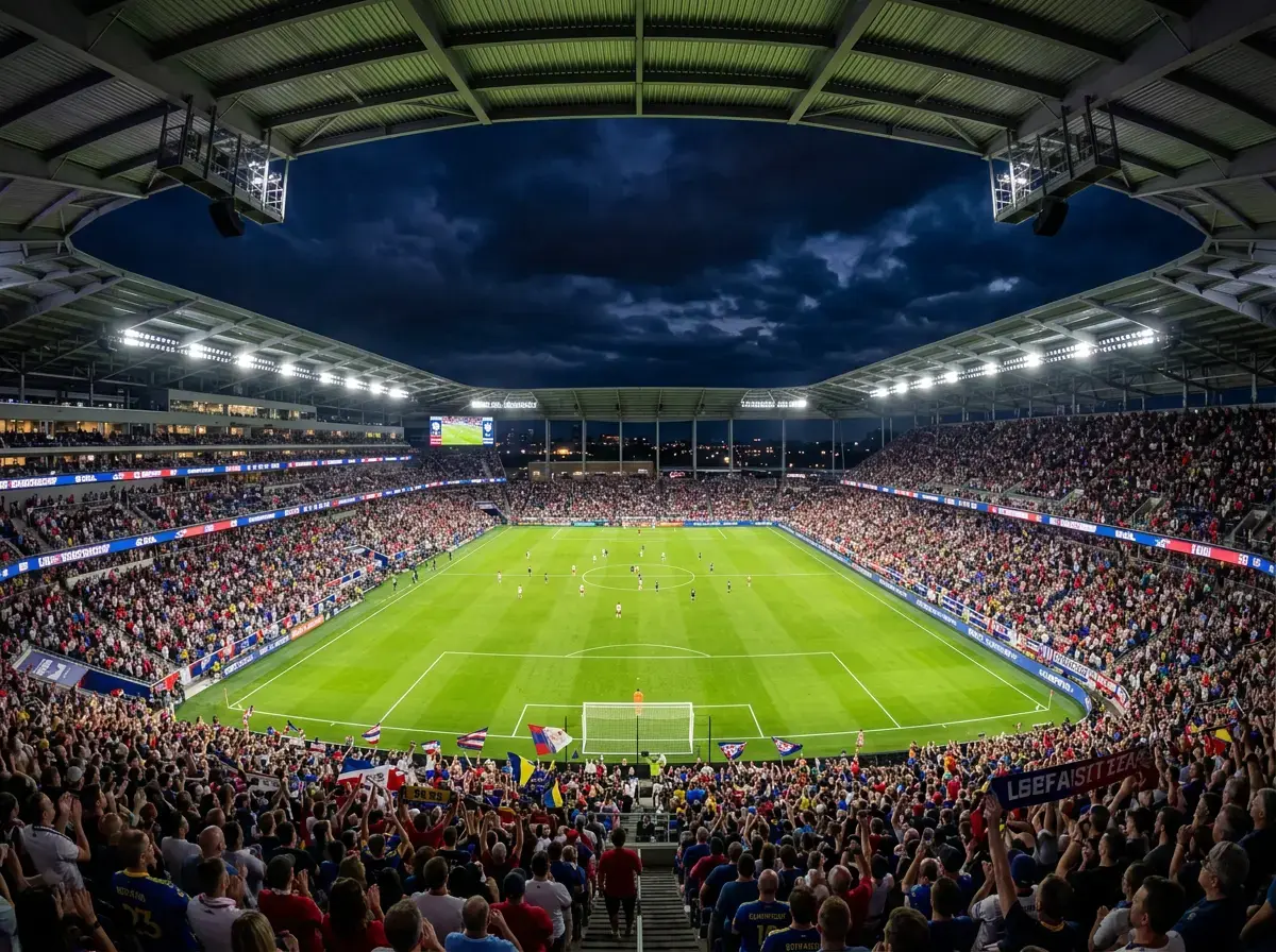 Kvällsmatch på modern fotbollsarena med strålkastare som lyser upp spelplanen
